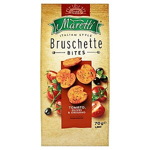 BRUSCHETTE MARETTI TOMATO, OLIVES & OREGANO FLAVOUR BAKED BREAD SNACK 70GM