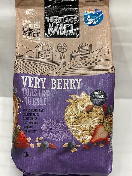 HERITAGE MILL VERY BERRY TOASTED MUESLI 1KG TOASTED MUESLI