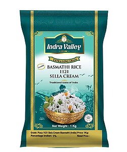 INDRA VALLEY BASMATHI Rice 1121 SELLA CREAM 1KG EXTRA LONG GRAIN