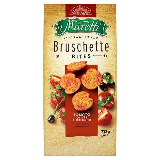 BRUSCHETTE MARETTI TOMATO, OLIVES & OREGANO FLAVOUR BAKED BREAD SNACK 70GM