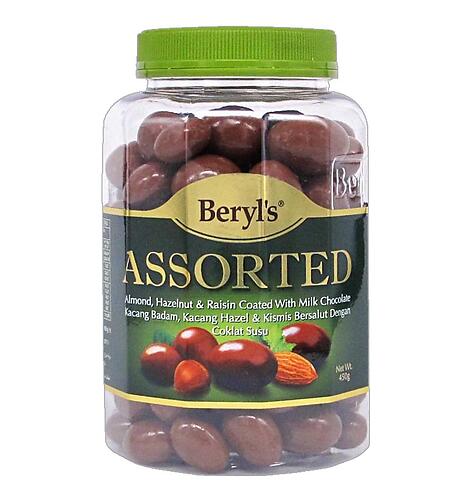 BERYL'S ASSORTED MILK CHOCOLATE (ALMOND, HAZELNUT & RAISIN COATED WITH MILK CHOCOLATE) 450G